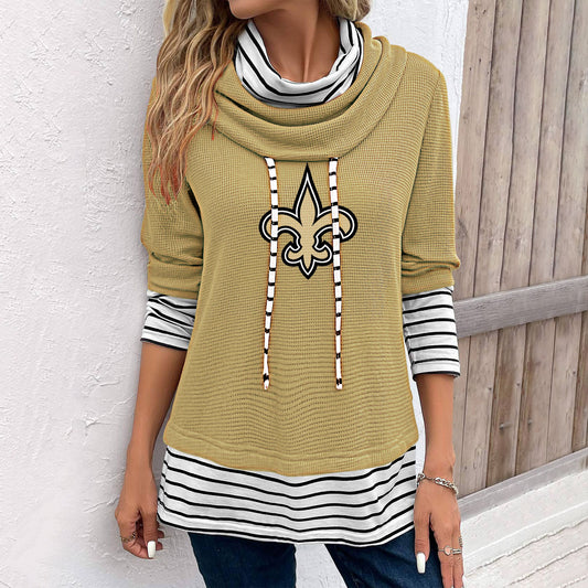 Patchwork Striped Cowl Neck Long Sleeve Sweatshirt