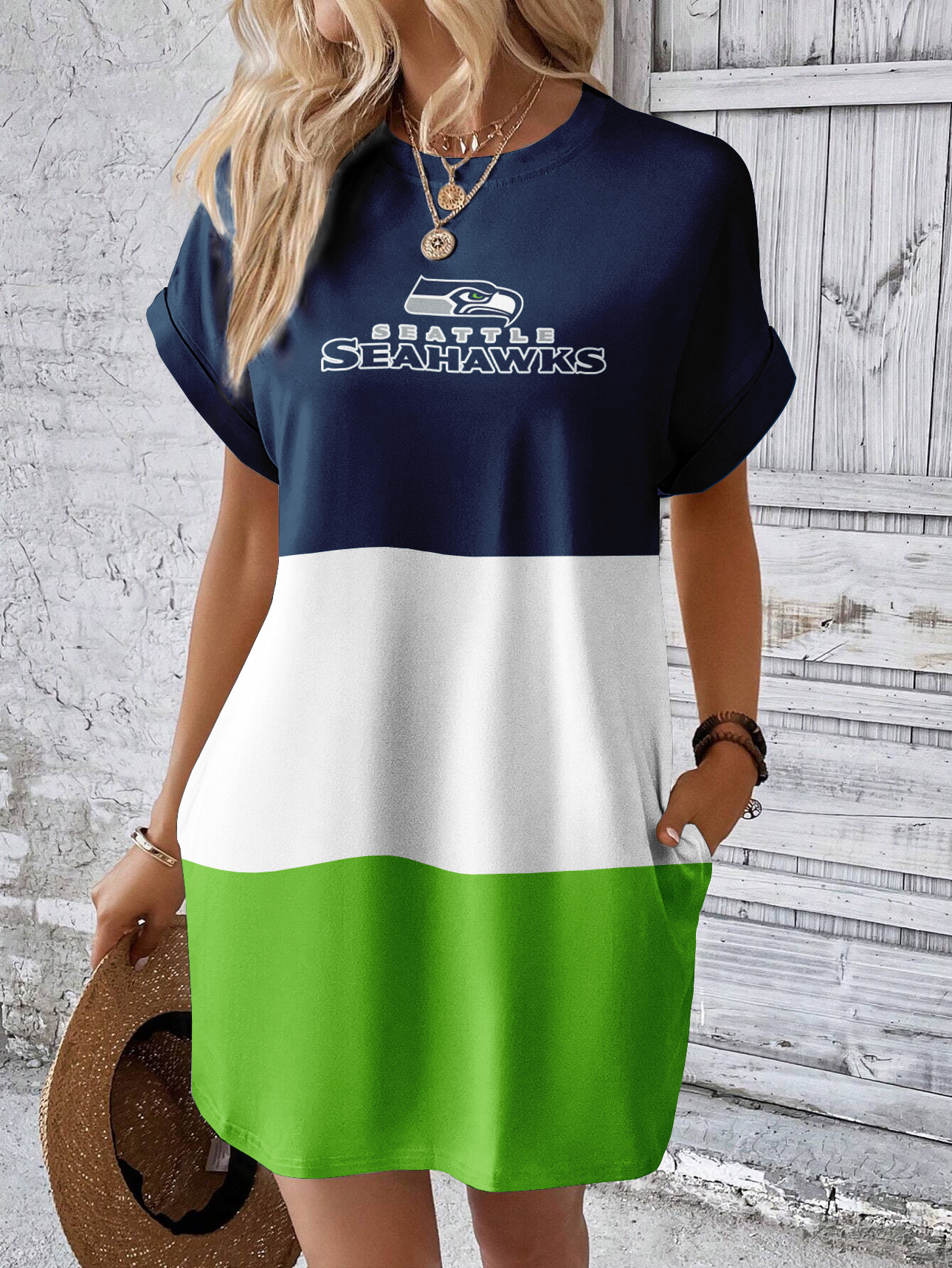 Seattle Seahawks Solid Hidden Pocket Batwing Sleeve Tee Dress