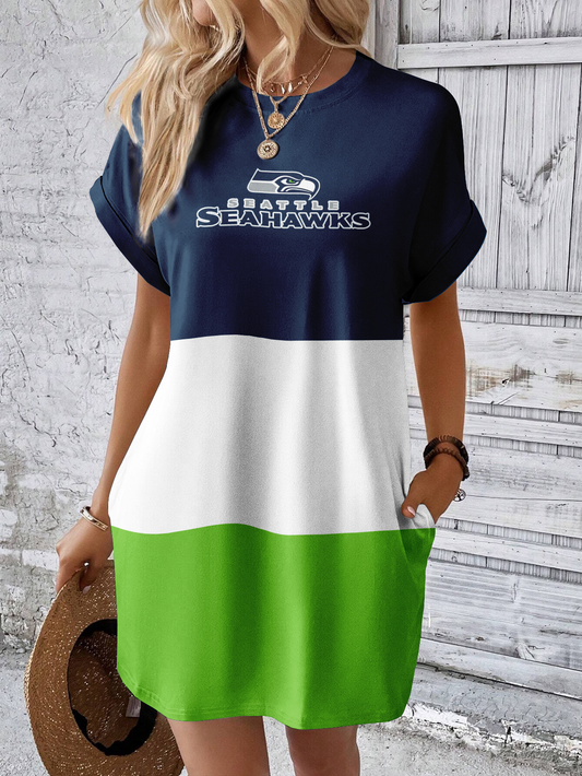 Seattle Seahawks Solid Hidden Pocket Batwing Sleeve Tee Dress