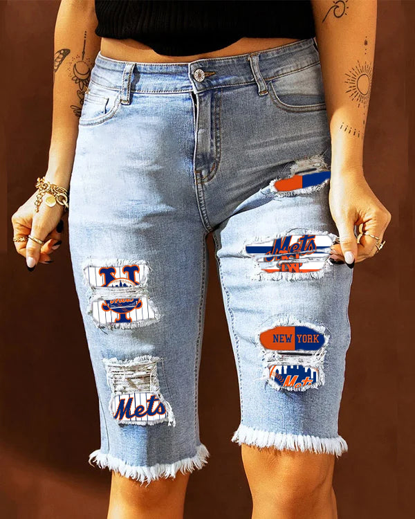 MID-RISE RIPPED PATCHES DENIM BERMUDA SHORTS