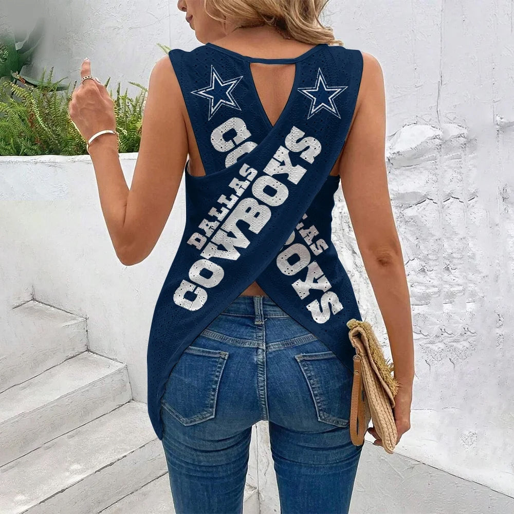 Dallas Cowboys Cut Out Wrap Cross Wrap Back Asymmetrical Beach Tank Top