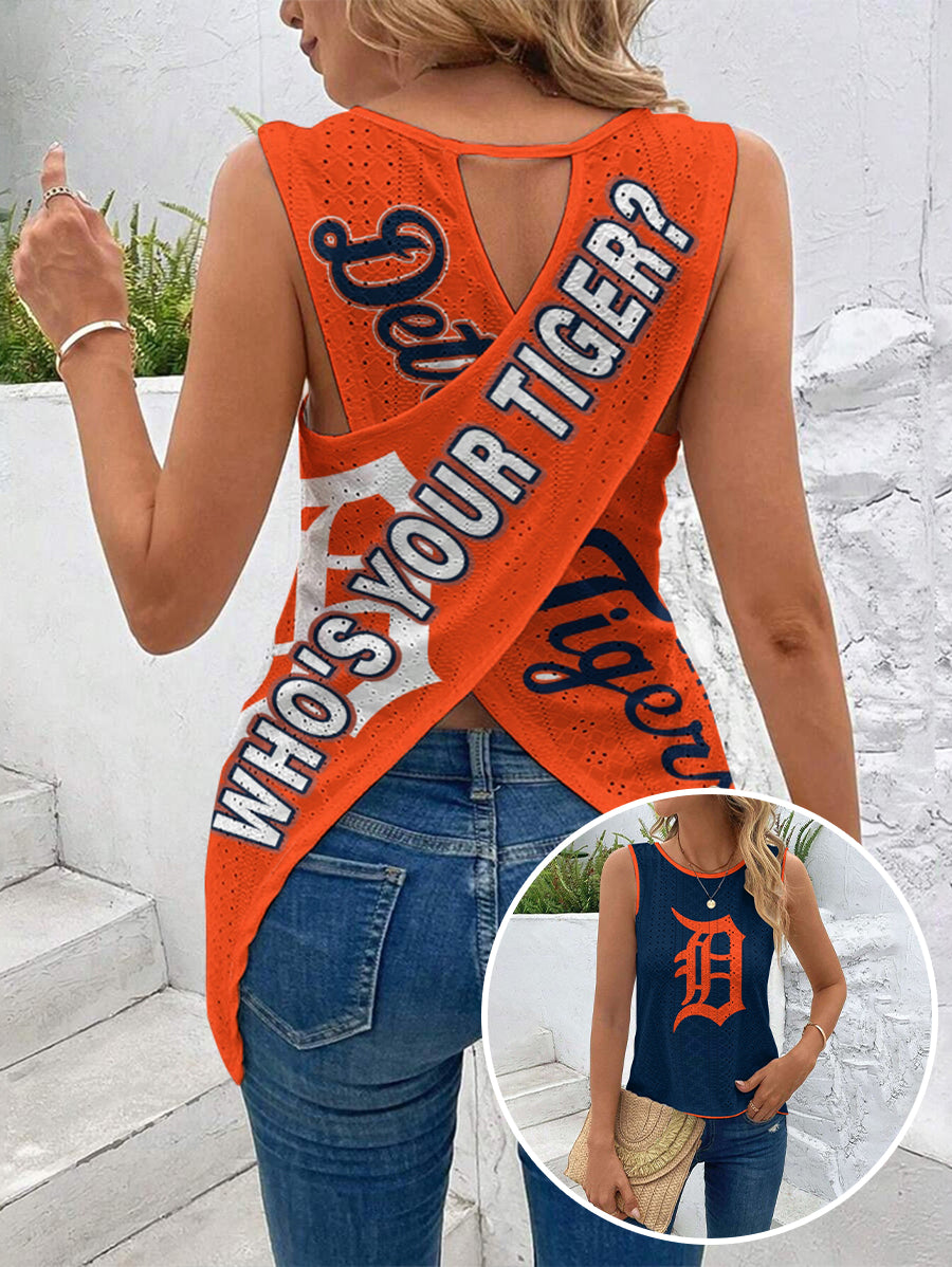 "WHO'S YOUR TIGER"Cut Out Wrap Cross Wrap Back Asymmetrical Beach Tank Top
