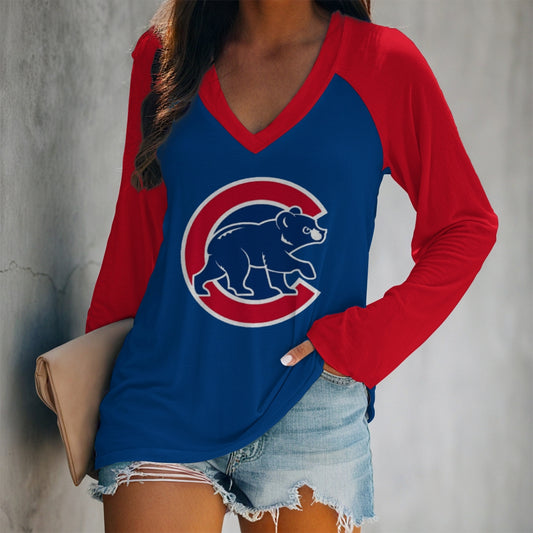 Women's V-neck Double-layered Long-sleeved Loose T-shirt