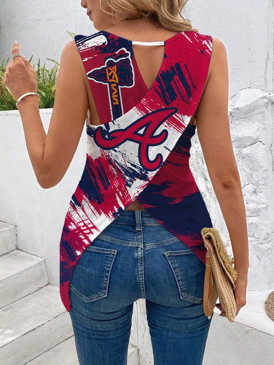 Braves Cut Out Wrap Cross Wrap Back Asymmetrical Beach Tank Top