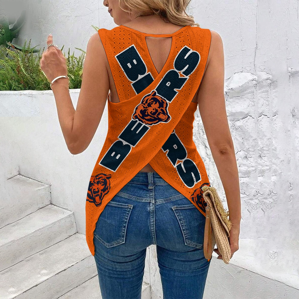 Chicago Bears Cut Out Wrap Cross Wrap Back Asymmetrical Beach Tank Top