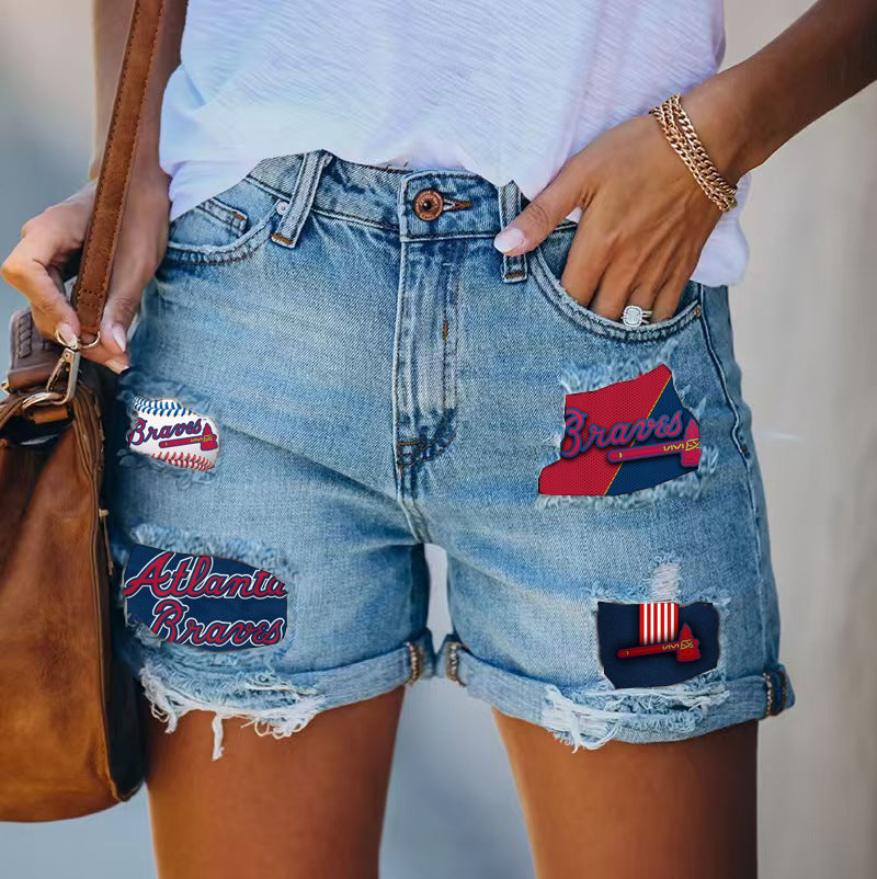 Braves Distressed Cutoff Denim Shorts - Women