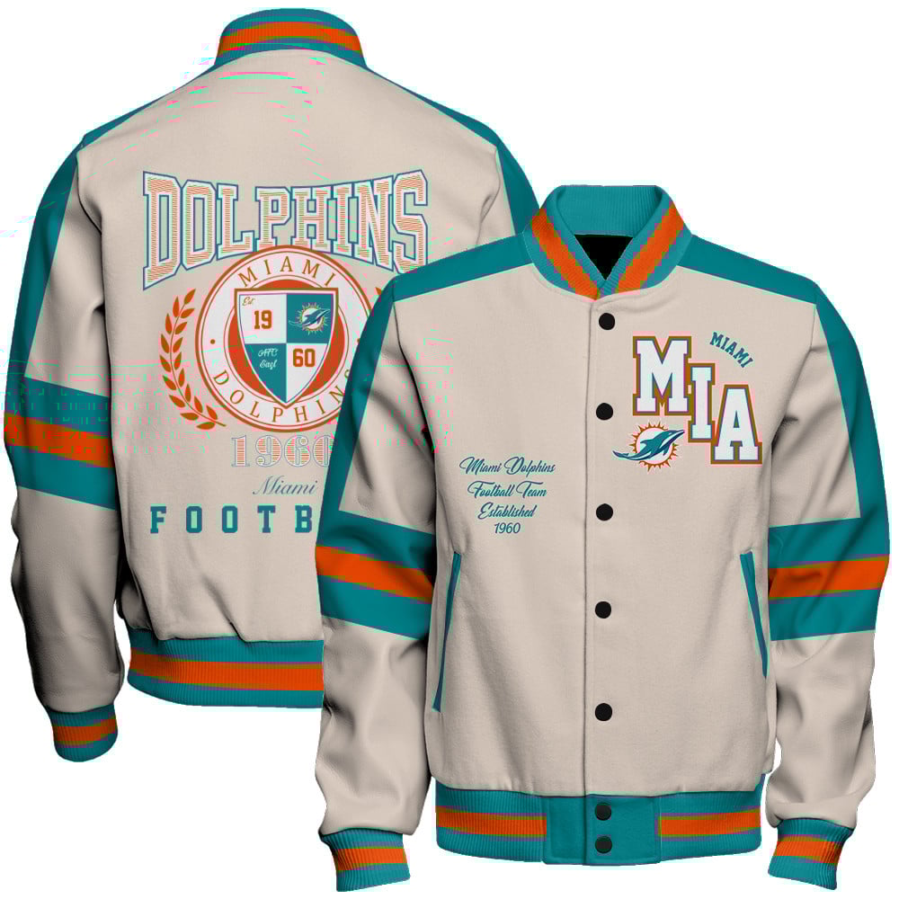 Miami Dolphins Football Team 2025 -26 Feel The Power Unisex Varsity Jacket