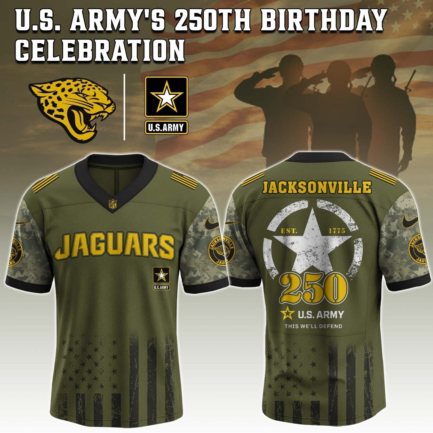 Jacksonville Jaguars x U.S. ARMY'S 250TH Birthday Special Edition Jersey - Tycheco