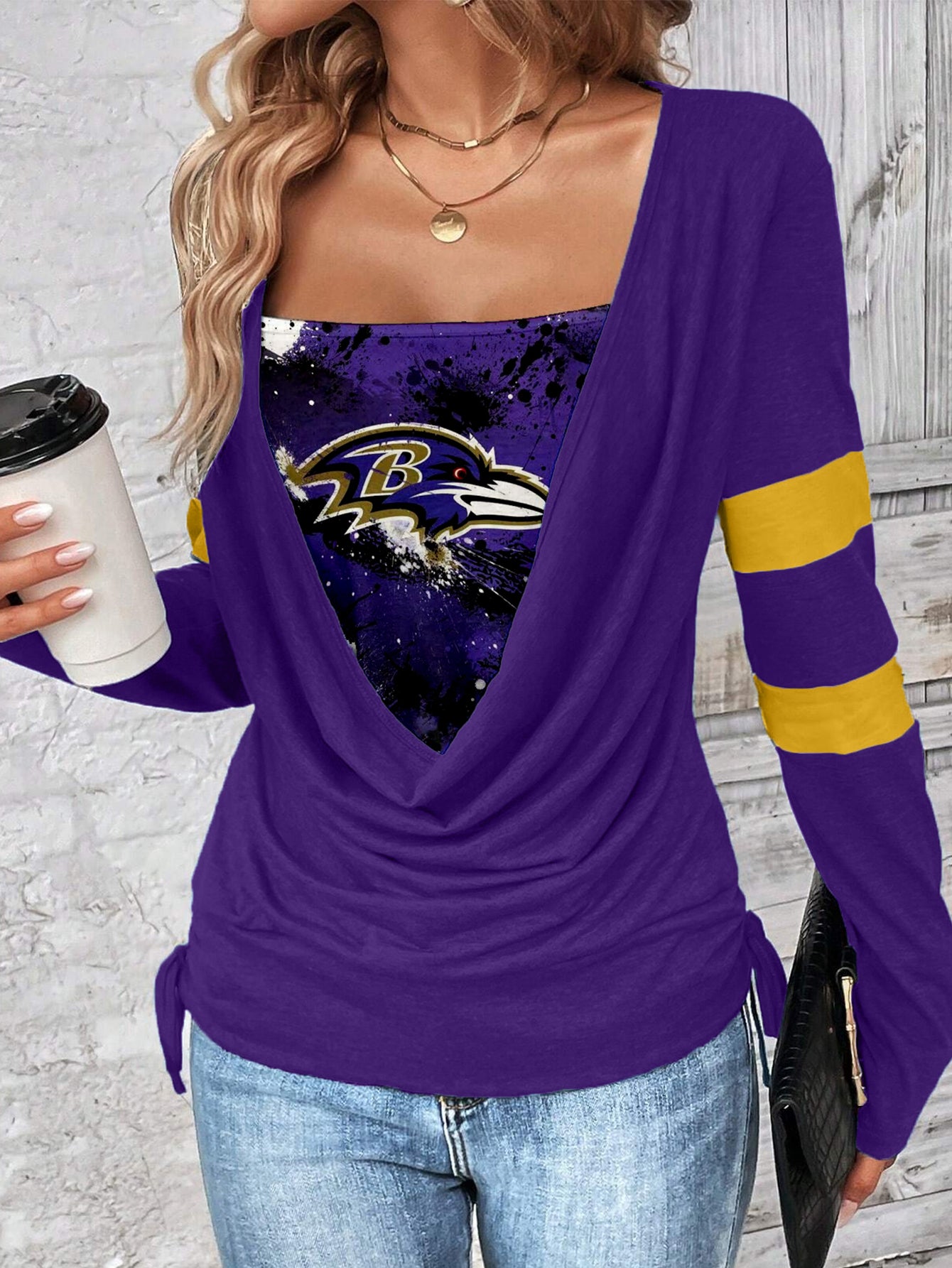 Contrast draped side drawstring T-shirt