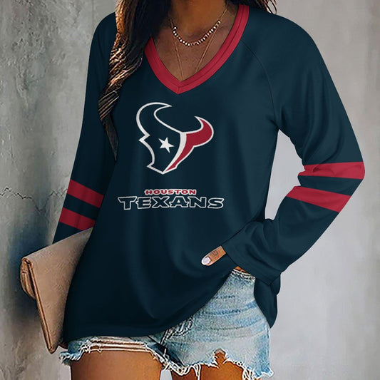 Houston Texans Women's V-neck Double-layered Long-sleeved Loose T-shirt
