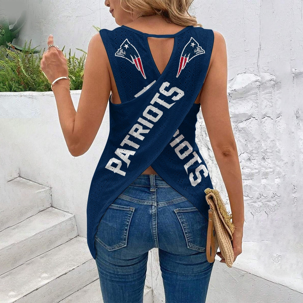 New England Patriots Cut Out Wrap Cross Wrap Back Asymmetrical Beach Tank Top