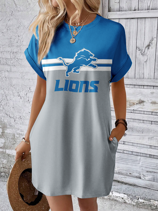 Detroit Lions Solid Hidden Pocket Batwing Sleeve Tee Dress