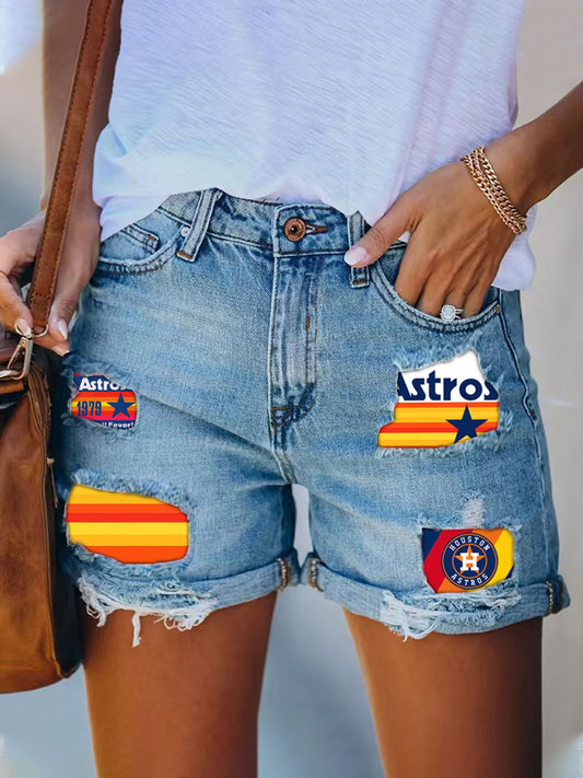 Astros Distressed Cutoff Denim Shorts - Women