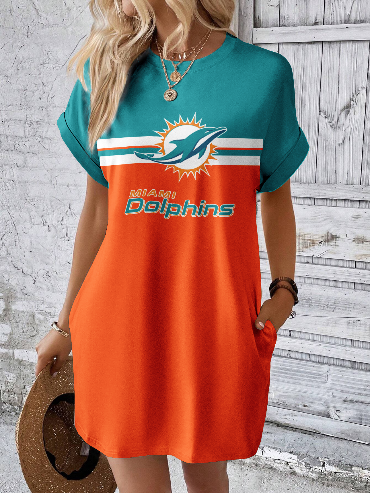 Miami Dolphins Solid Hidden Pocket Batwing Sleeve Tee Dress