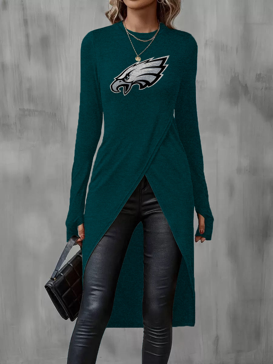 Long Sleeve Crew Neck Split Hem Tulip Top