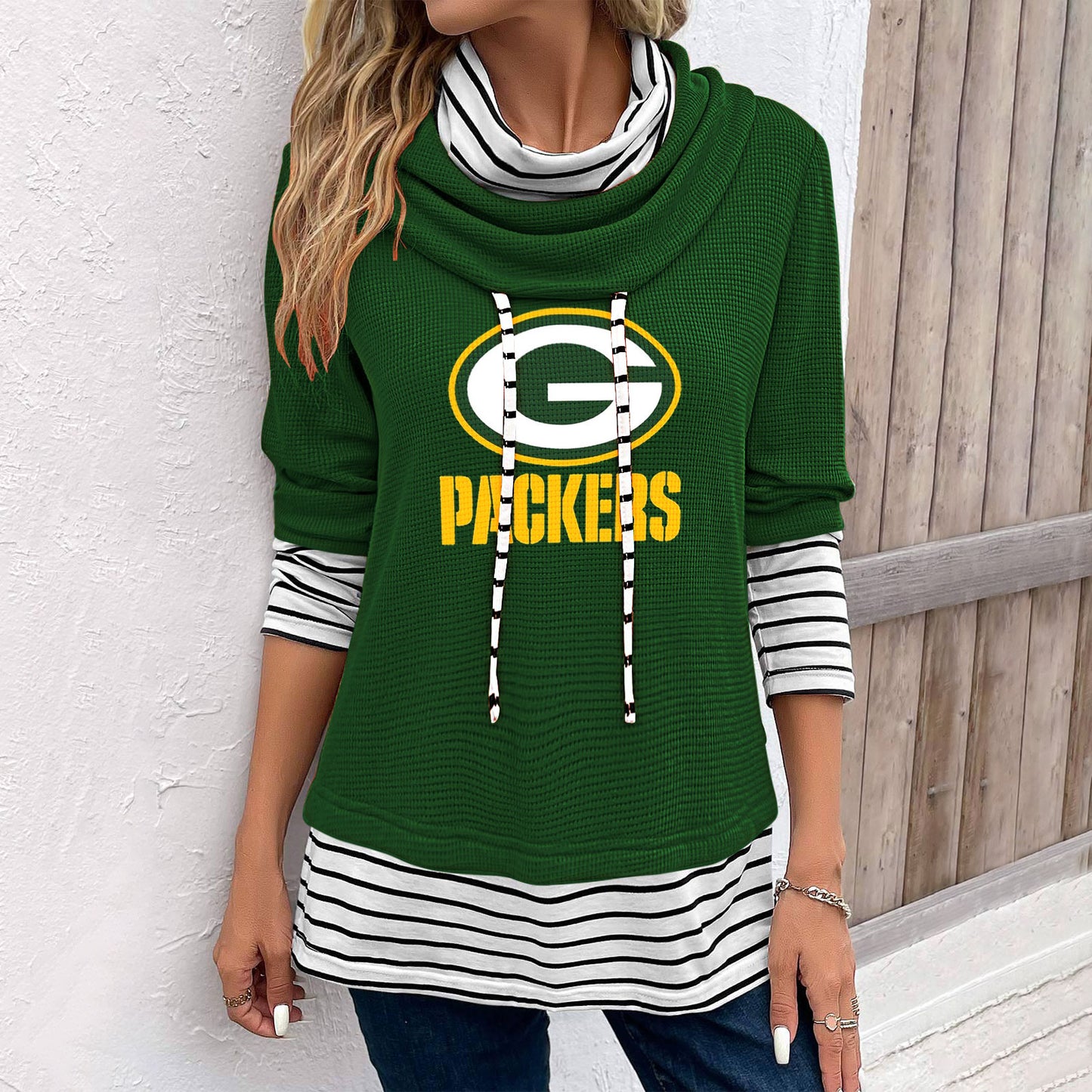 Patchwork Striped Cowl Neck Long Sleeve Sweatshirt