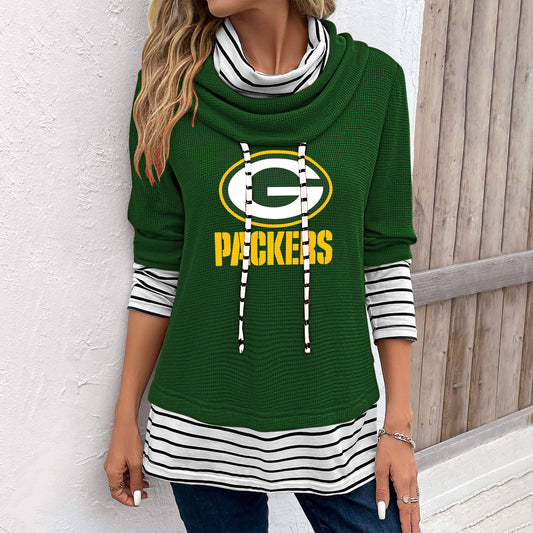 Patchwork Striped Cowl Neck Long Sleeve Sweatshirt