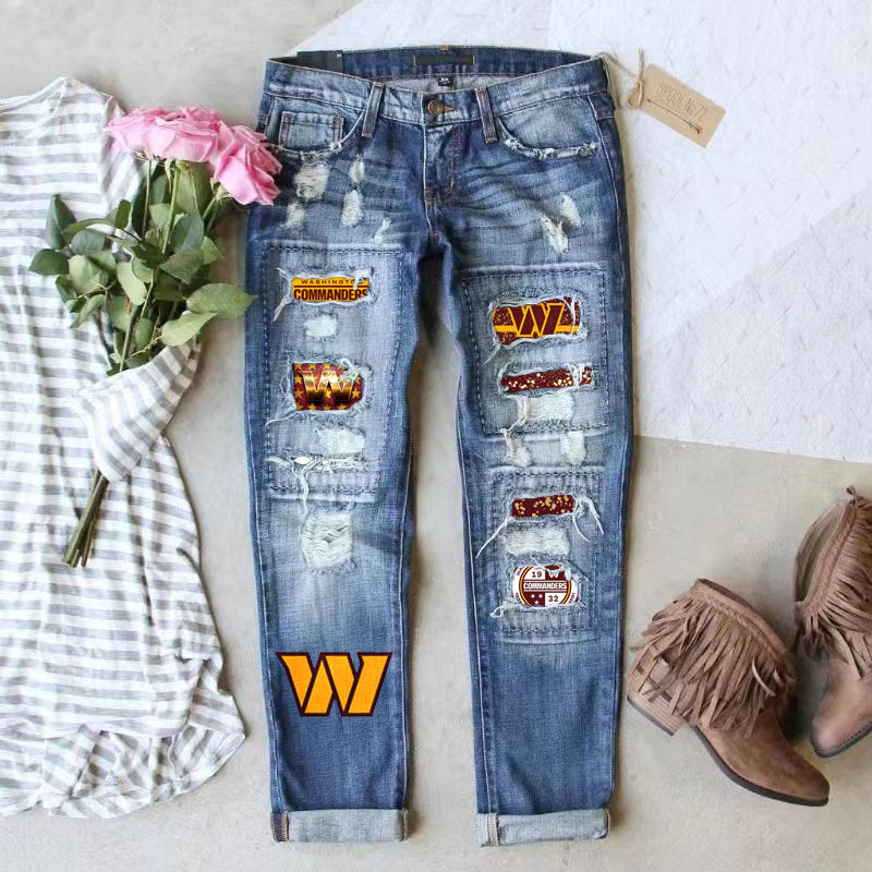 casual fashion perforated printed jeans