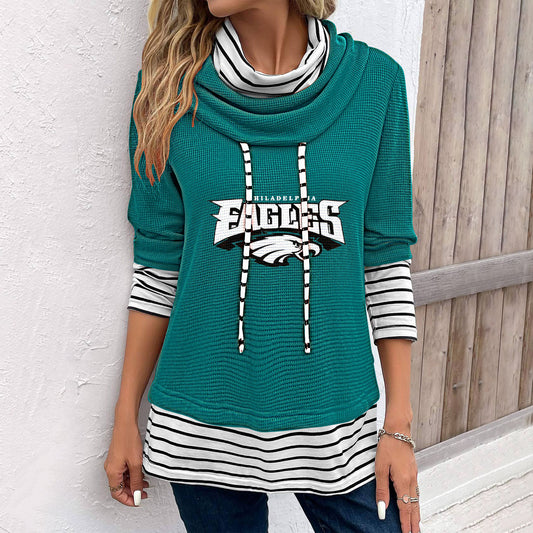 Patchwork Striped Cowl Neck Long Sleeve Sweatshirt