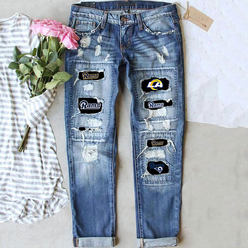 casual fashion perforated printed jeans