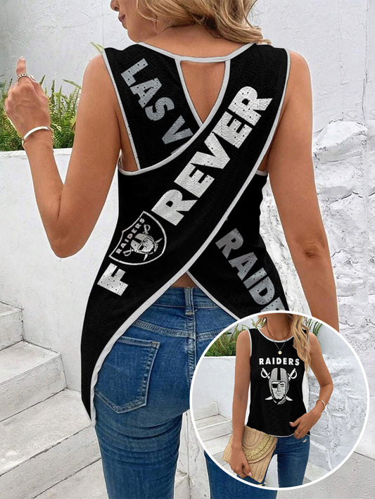 Raiders Cut Out Wrap Cross Wrap Back Asymmetrical Beach Tank Top