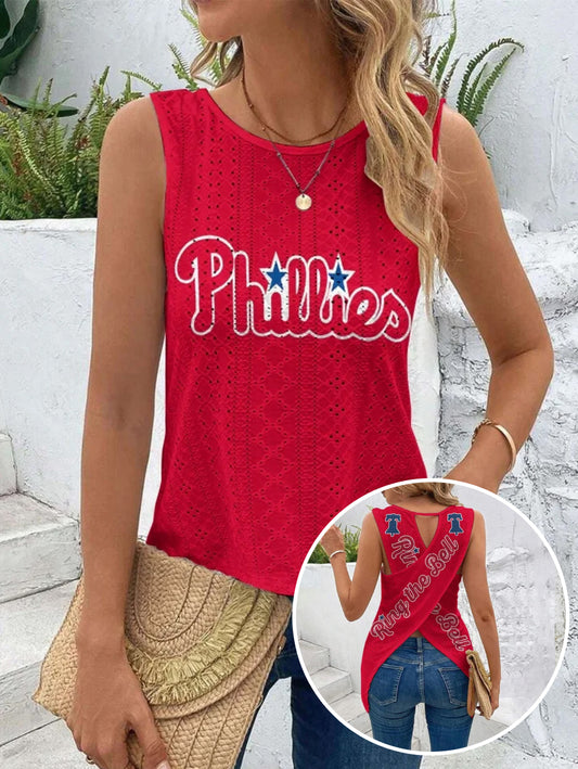 "Ring the bell!" Phillies Cut Out Wrap Cross Wrap Back Asymmetrical Beach Tank Top