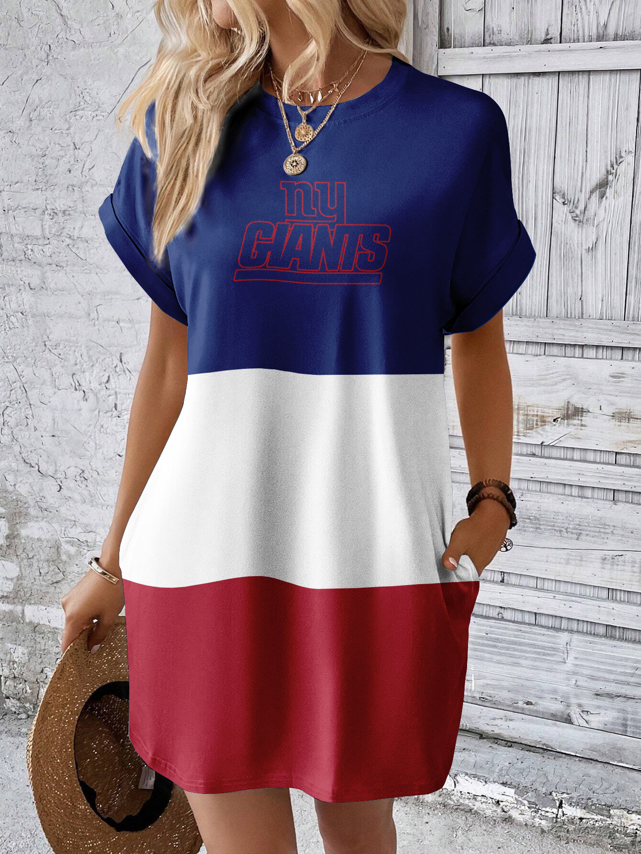 New York Giants Solid Hidden Pocket Batwing Sleeve Tee Dress