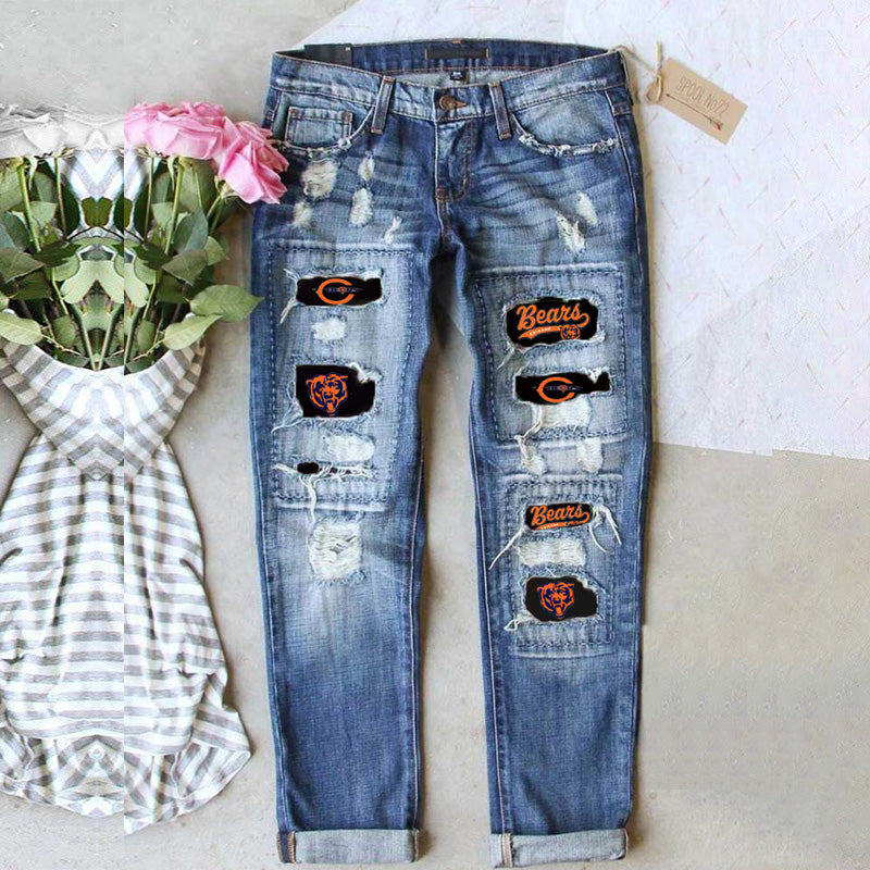 casual fashion perforated printed jeans