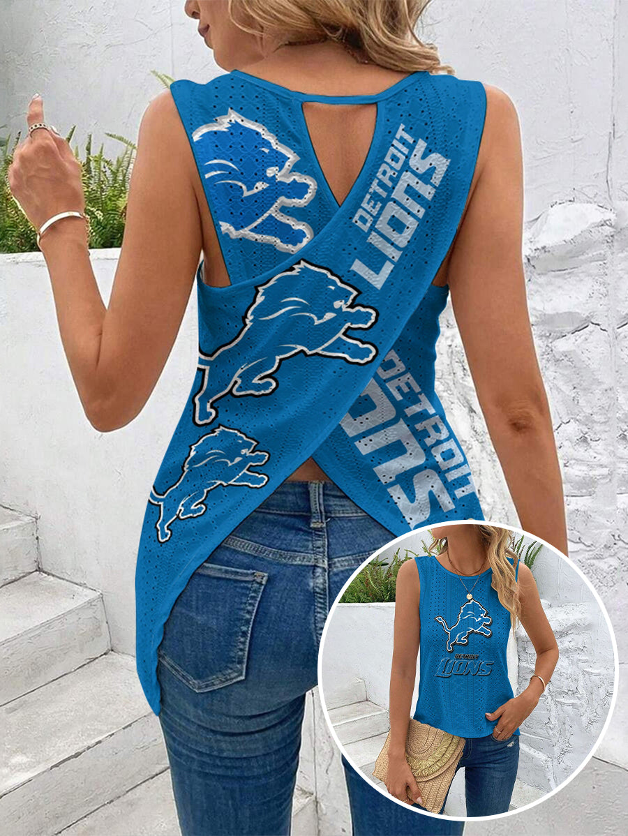 Detroit Lions Cut Out Wrap Cross Wrap Back Asymmetrical Beach Tank Top