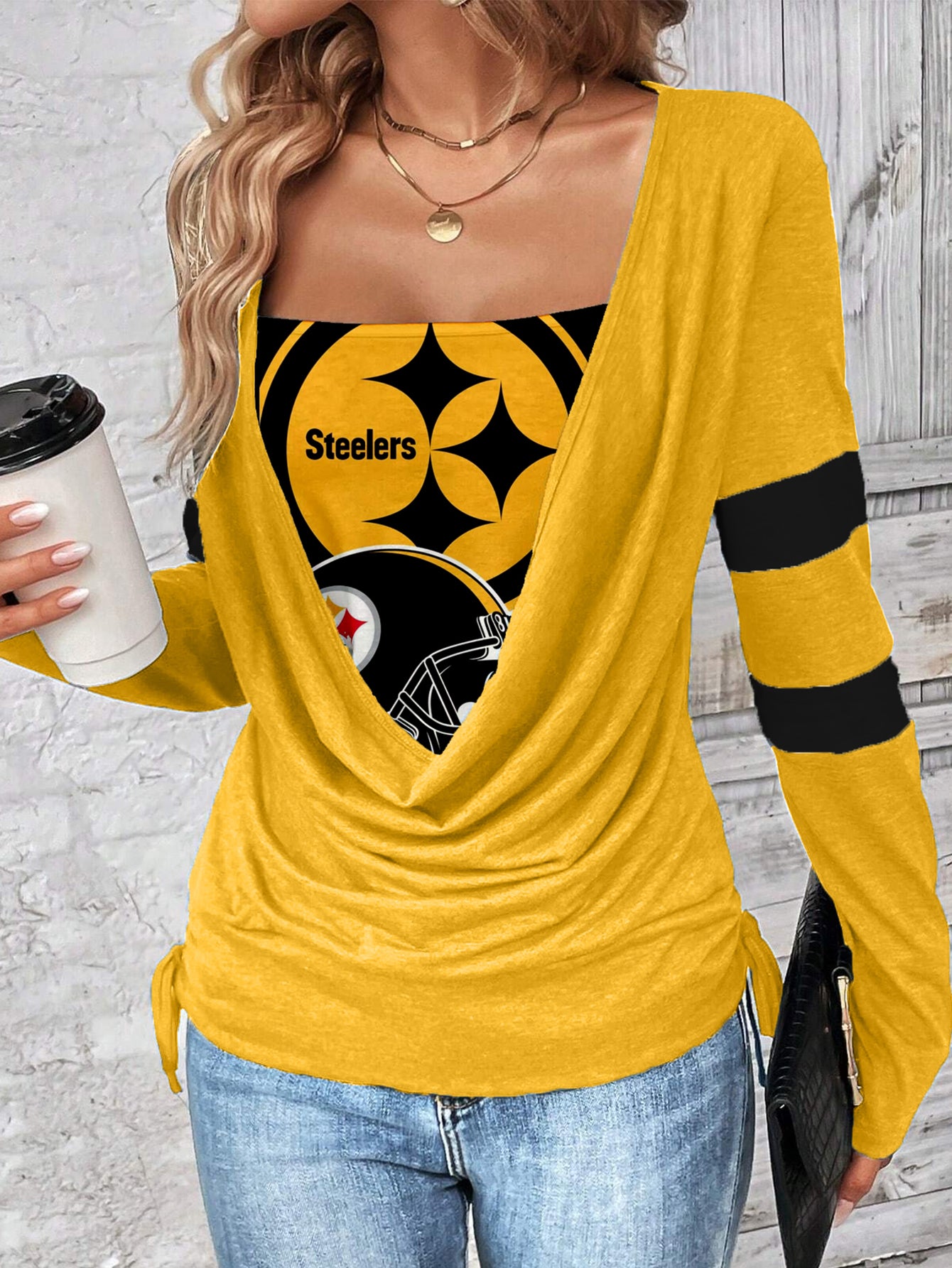 Contrast draped side drawstring T-shirt