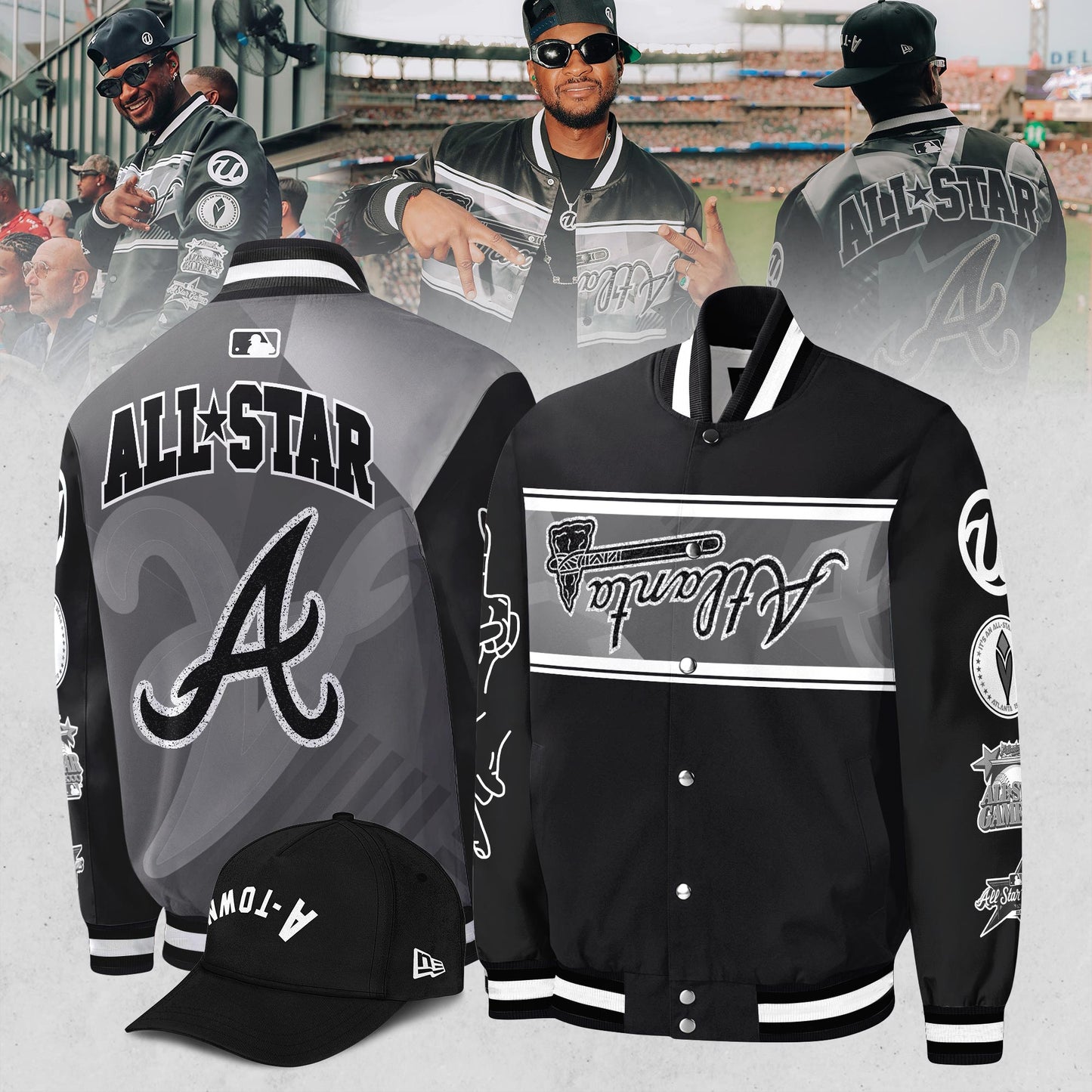 Atlanta Braves Usher 2025 MLB All-Star Game Bomber Jacket – Black and White