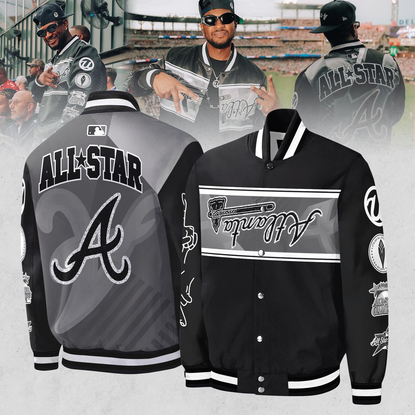 Atlanta Braves Usher 2025 MLB All-Star Game Bomber Jacket – Black and White