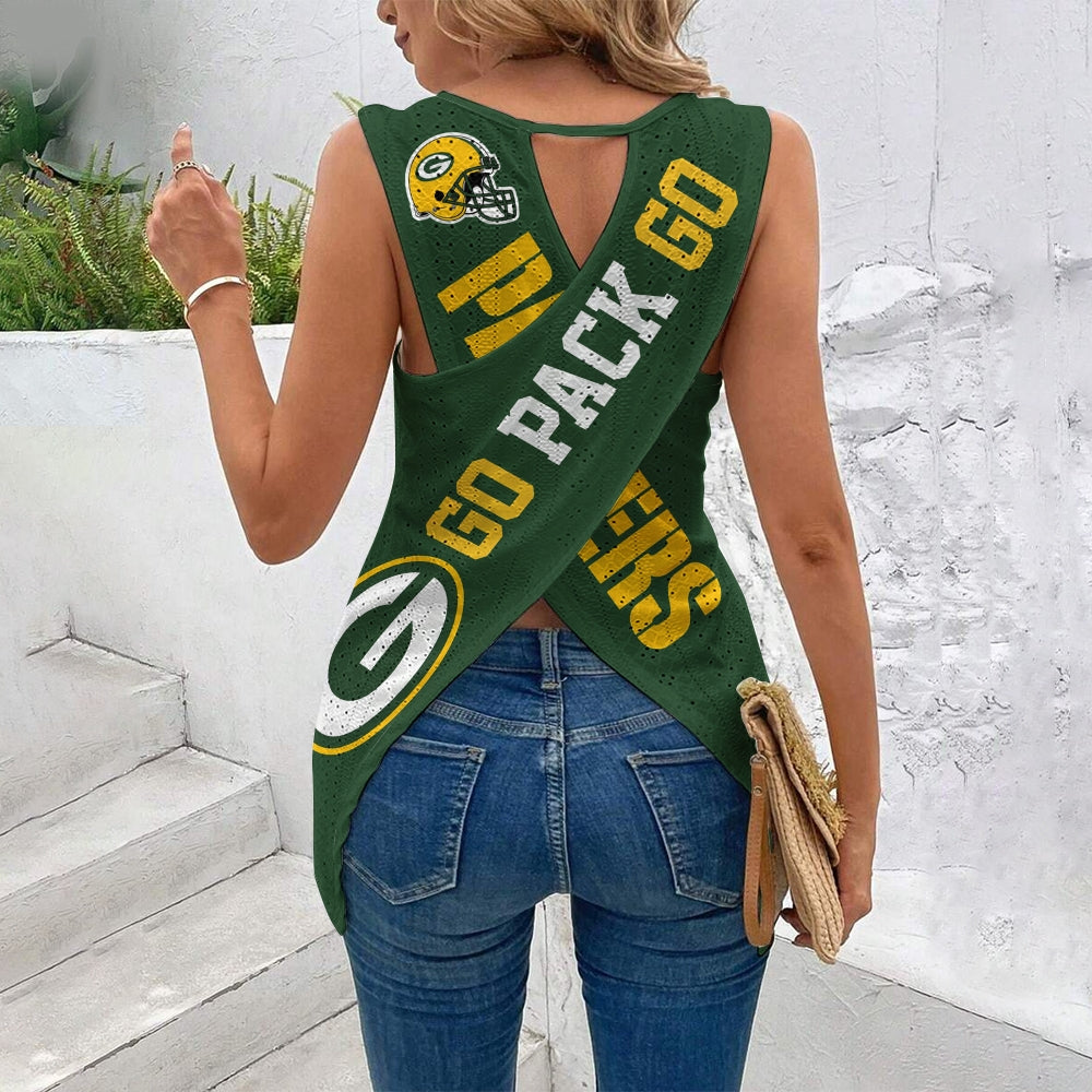 Green Bay Packers Cut Out Wrap Cross Wrap Back Asymmetrical Beach Tank Top