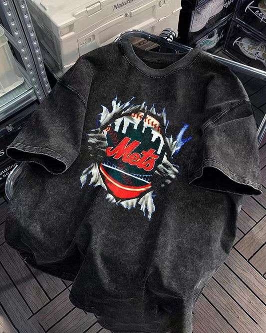 Washed Distressed Print Short Sleeve T-shirt