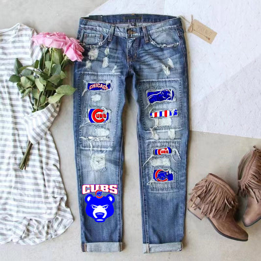 STRETCH RIPPED FRAYED RAW HEM DISTRESSED DENIM JEANS WITH HOLE