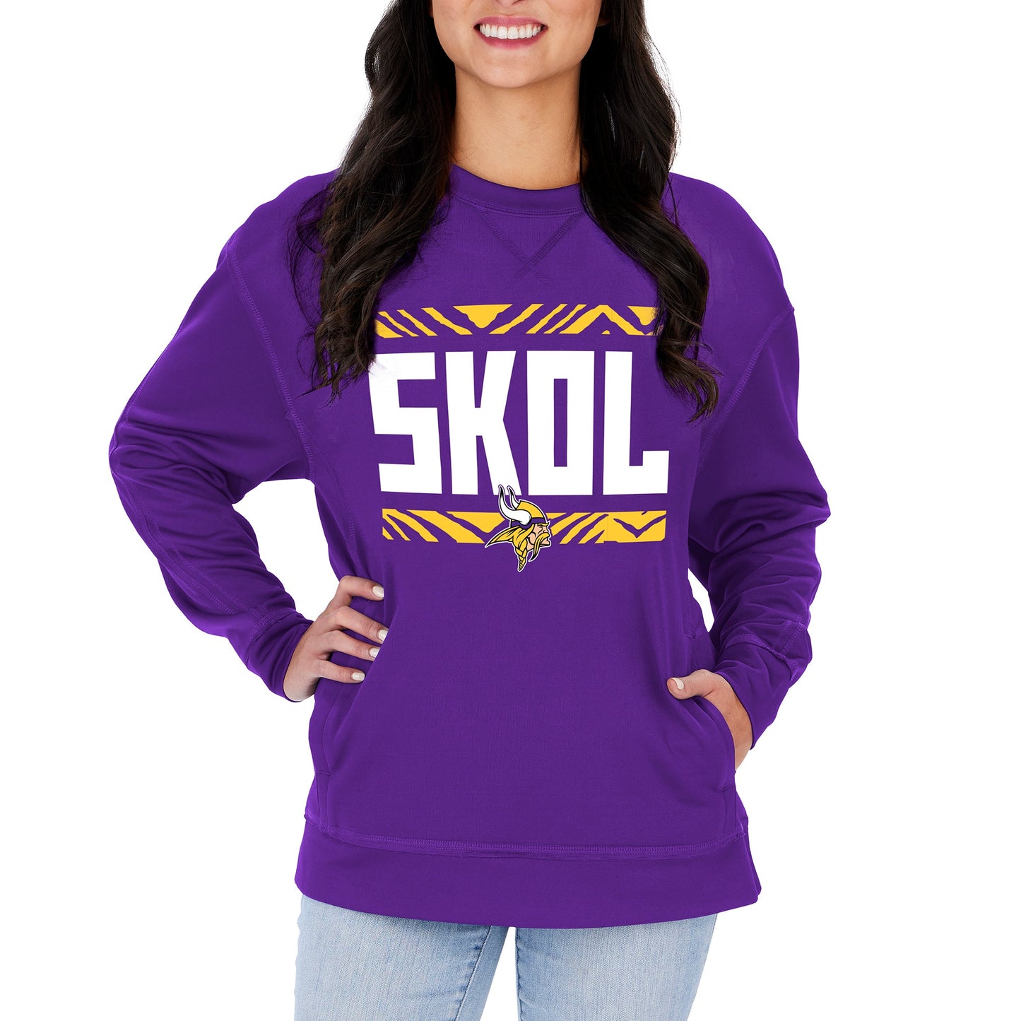 Zubaz NFL Women's Minnesota Vikings Team Color & Slogan Crewneck Sweatshirt
