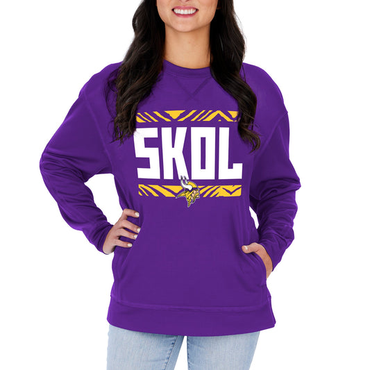 Zubaz NFL Women's Minnesota Vikings Team Color & Slogan Crewneck Sweatshirt