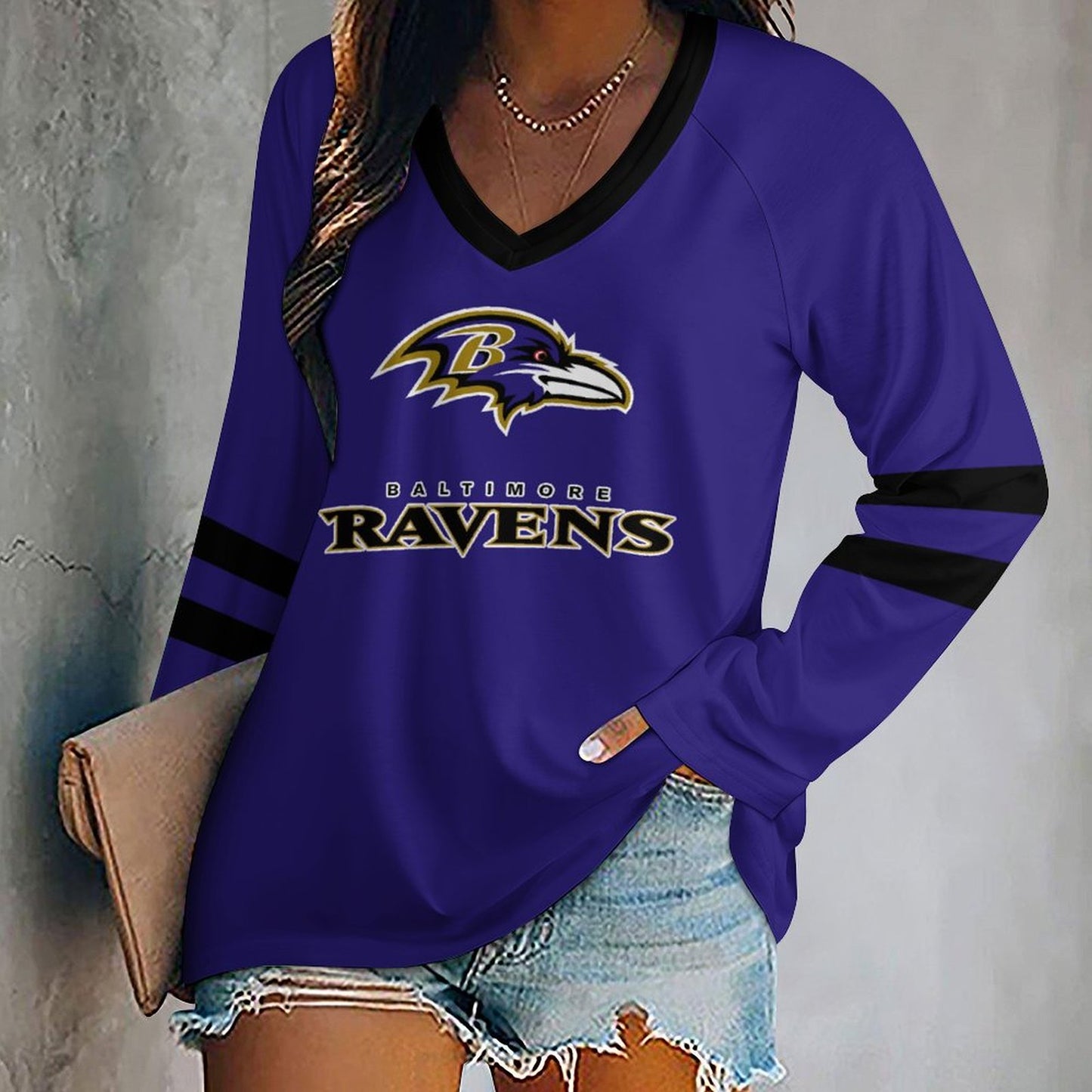 Baltimore Ravens Women's V-neck Double-layered Long-sleeved Loose T-shirt