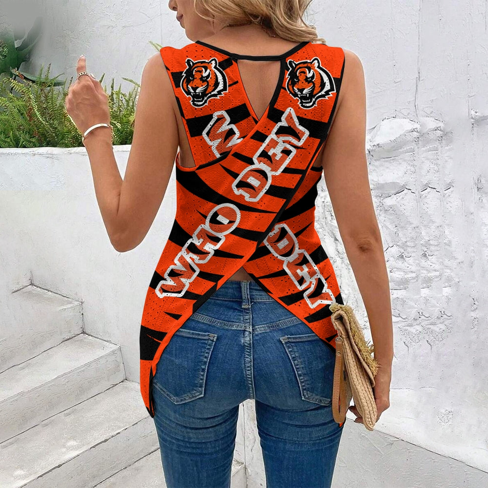 Cincinnati Bengals Cut Out Wrap Cross Wrap Back Asymmetrical Beach Tank Top