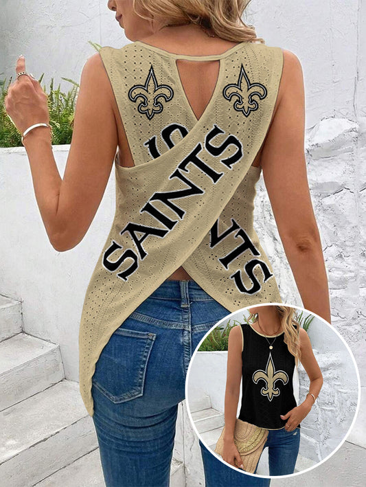 New Orleans Saints Cut Out Wrap Cross Wrap Back Asymmetrical Beach Tank Top