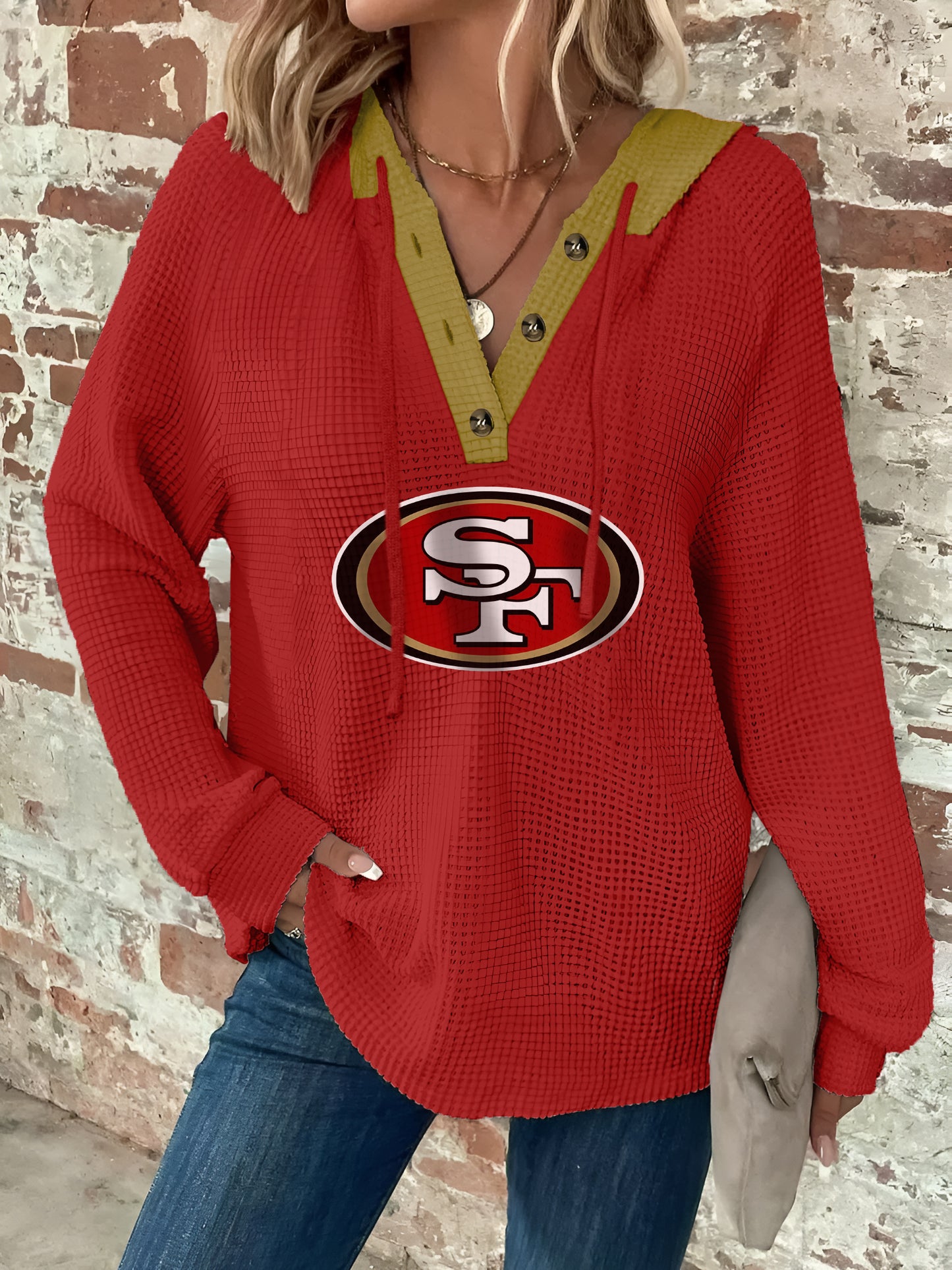 Half Button Raglan Sleeve Drawstring Hoodie