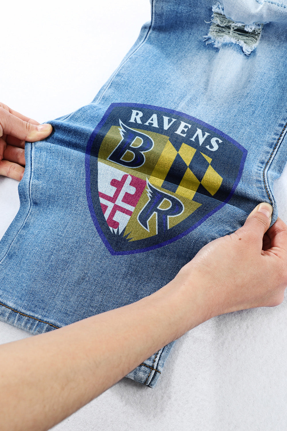 STRETCH RIPPED FRAYED RAW HEM DISTRESSED DENIM JEANS WITH HOLE