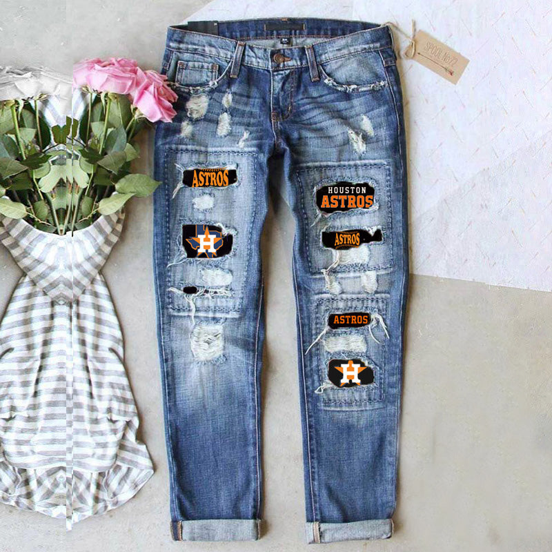 STRETCH RIPPED FRAYED RAW HEM DISTRESSED DENIM JEANS WITH HOLE