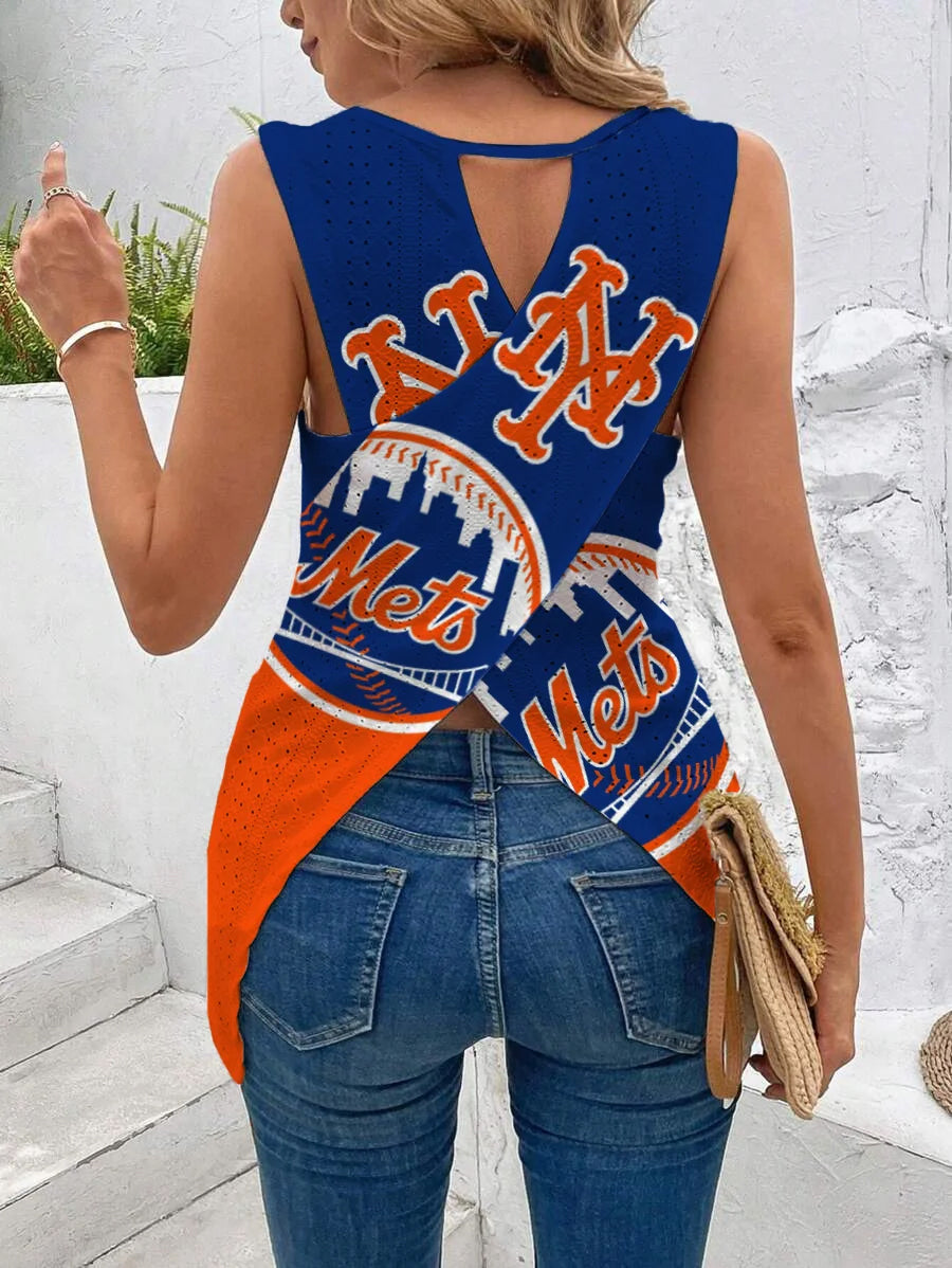 Mets Cut Out Wrap Cross Wrap Back Asymmetrical Beach Tank Top