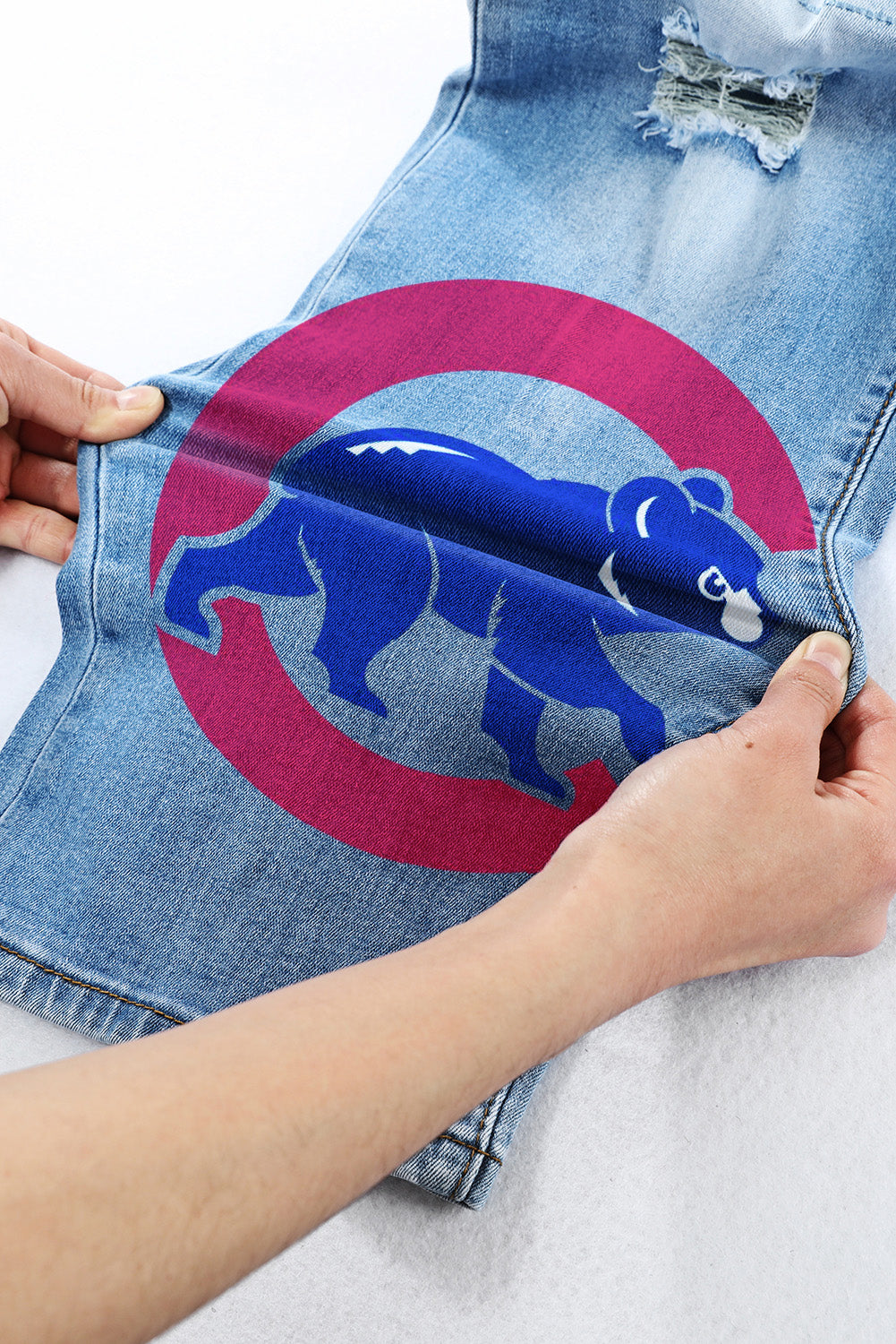 STRETCH RIPPED FRAYED RAW HEM DISTRESSED DENIM JEANS WITH HOLE