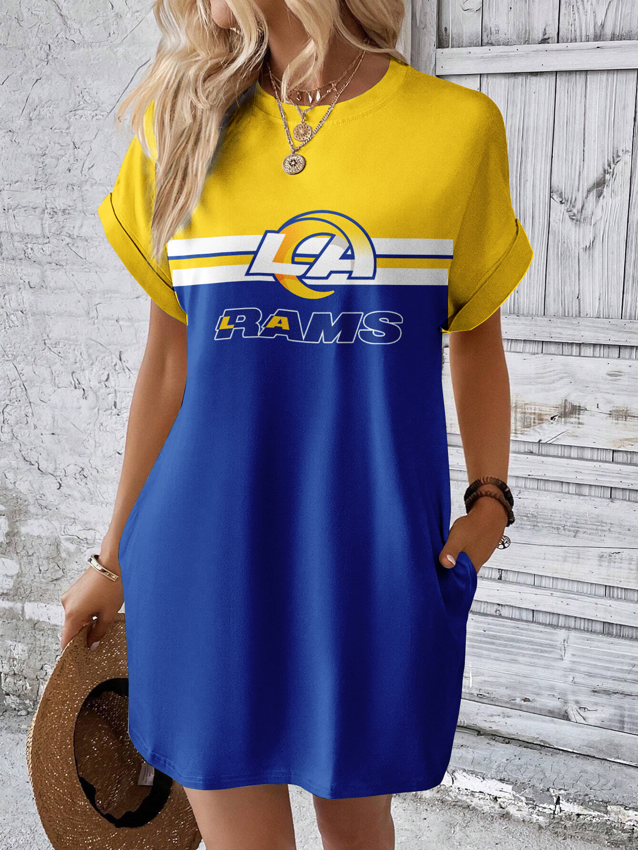Los Angeles Rams Solid Hidden Pocket Batwing Sleeve Tee Dress