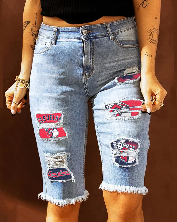 MID-RISE RIPPED PATCHES DENIM BERMUDA SHORTS