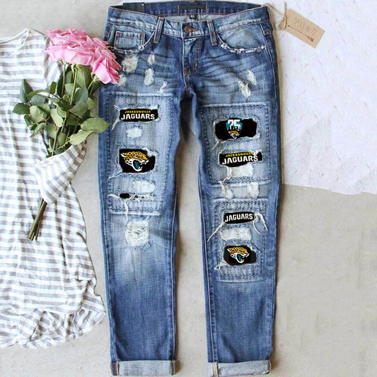 casual fashion perforated printed jeans