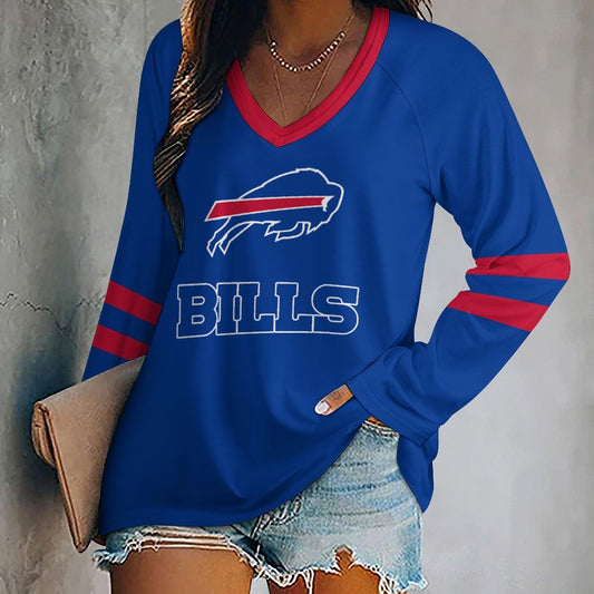 Buffalo Bills Women's V-neck Double-layered Long-sleeved Loose T-shirt