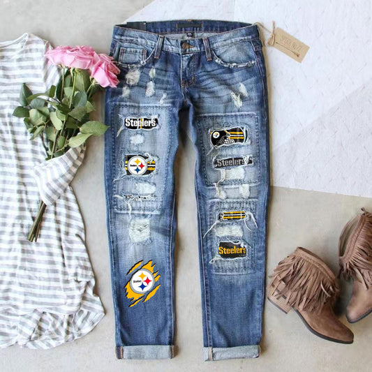 casual fashion perforated printed jeans